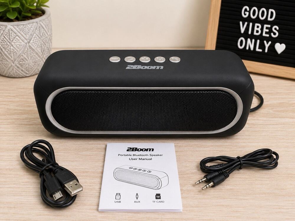 2Boom Portable Bluetooth Speaker USB AUX TF Card Rechargeable Black